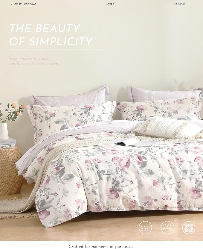 ALEISSEL Vintage Cotton 3pcs Floral Comforter Sets Queen Size - Dusty Rose & Soft Gray Foliage on White, Blush French Striped Patchwork Reverse, Neutural Lightweight Bedding Sets(Queen 90"×90")