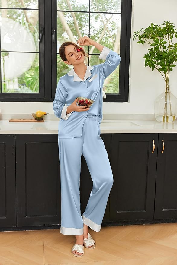 Ekouaer Silk Pajamas for Women Long Sleeve Satin Pajama Set Silky Pj Sets 2 Piece Button Down Loungewear Sleepwear
