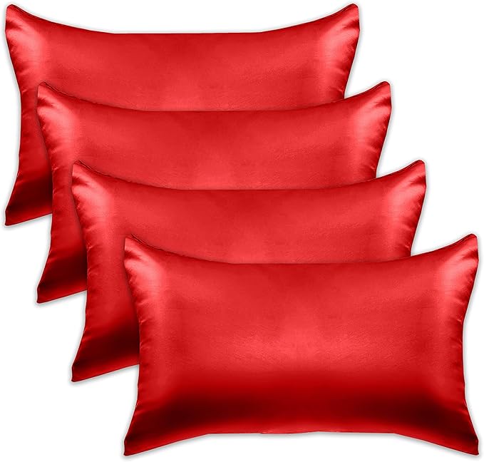 Elegant Comfort 4-Pack Cooling Viscose Satin Pillowcase Set with Hidden Zipper Closure, Silky Smooth for Best Hair and Skin Care-Beautiful Gift Box-4-Piece Satin Pillowcase Set, Standard/Queen, Red
