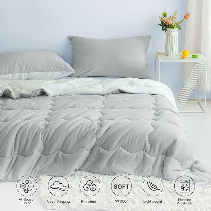 COTTEBED Ultra-Soft Reversible Comforter Set Twin Sized, Jersey Knit T-Shirt Feel Lightweight Cozy Bedding Blanket Quilt for Boy Kids Girl School College Dorm All Season(Twin/TwinXL Light Grey White)