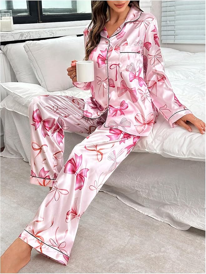 WDIRARA Women's 2 Piece Bowknot Print Satin Pajama Set Long Sleeve Button Down Lounge Pants Sleepwear Sets