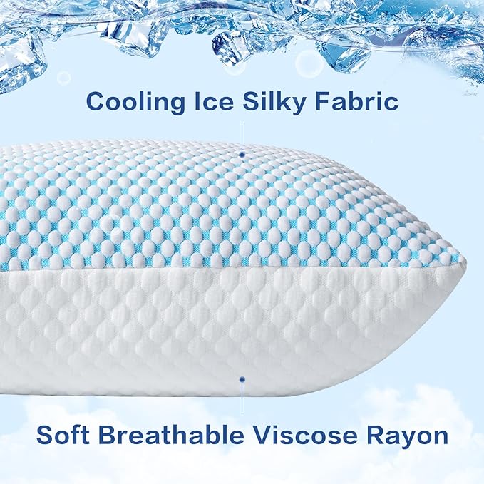 EASELAND Firm Pillows Shredded Memory Foam with Adjustable Fill - Standard Size Set of 2, Removable Cooling Cover for Hot Sleepers, Cool Bed Pillow for Side Back Stomach Sleepers