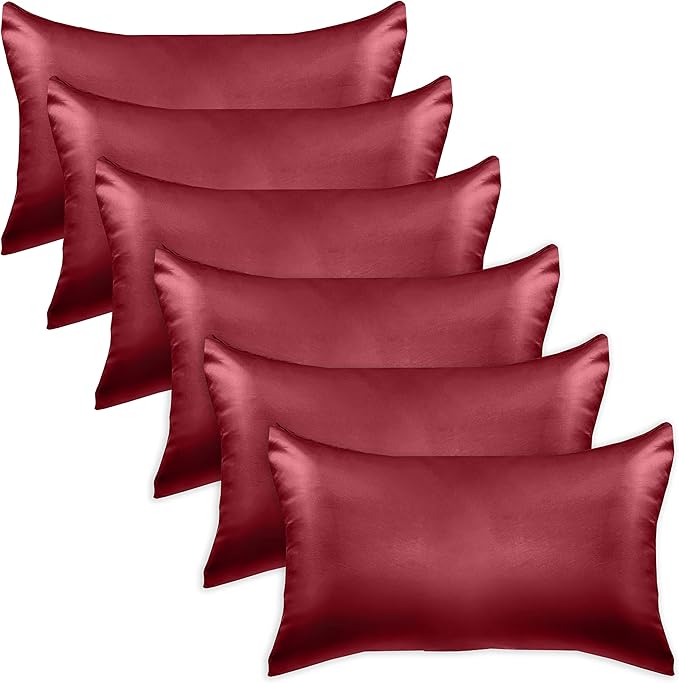 Elegant Comfort 6-Pack Cooling Viscose Satin Pillowcase Set with Hidden Zipper Closure, Silky Smooth for Best Hair and Skin Care-Beautiful Gift Box-6-Piece Satin Pillowcase Set, King, Burgundy
