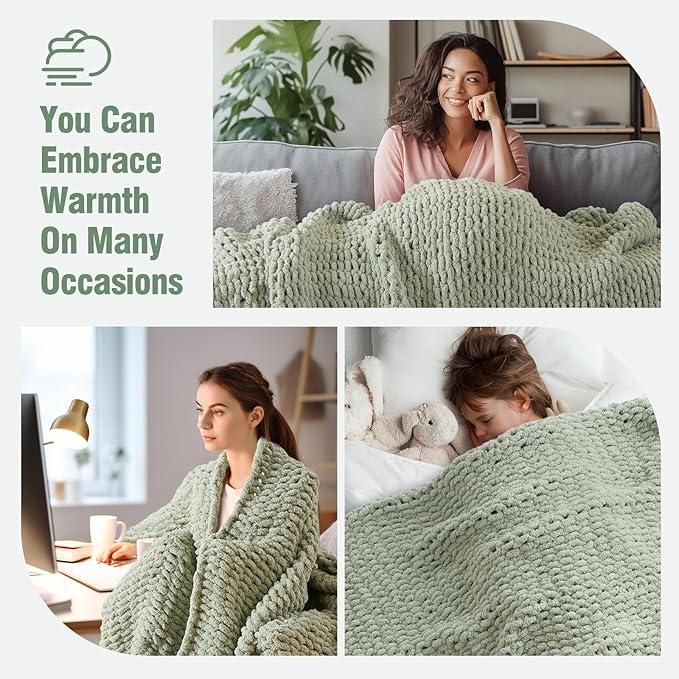 YJLMLY Chunky Knit Throw Blanket,60x80 Inch Heavy 6.8lbs, Hand Knit Chenille Couch Blanket, Soft Cable Knit Gift for Women Mom Wife, Modern Home Decor