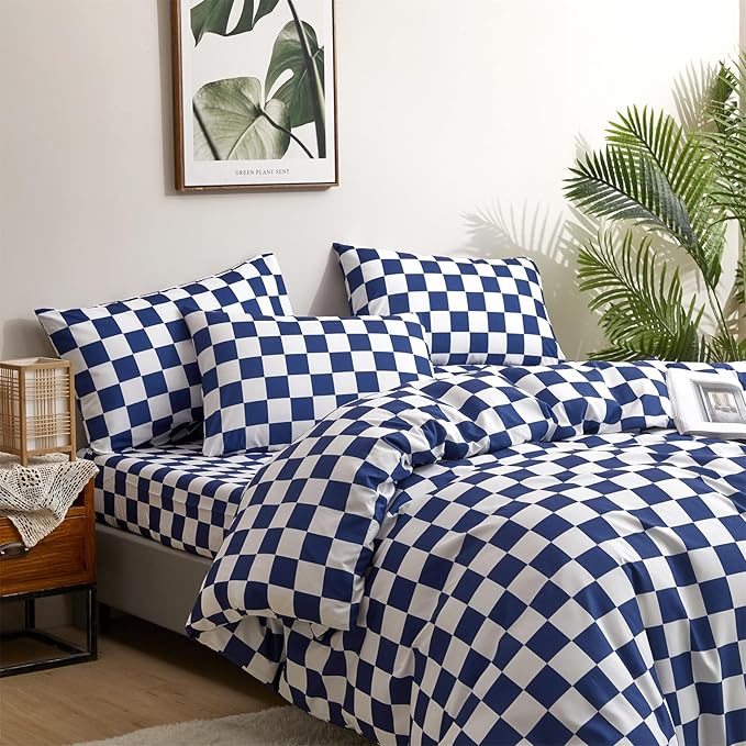 CLOTHKNOW Blue White Plaid Twin/Twin XL Comforter Set Grid Bedding Comforter Sets Royal Blue White Bed Comforter Blue Bedding Sets Soft
