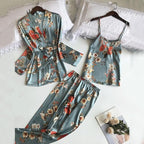 3 Piece Floral Pajama Set for Women Silk Satin Printed Cami Tops and Pants Set with Robe Sleepwear Loungewear Pj Sets
