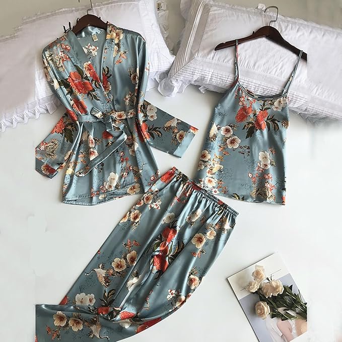 3 Piece Floral Pajama Set for Women Silk Satin Printed Cami Tops and Pants Set with Robe Sleepwear Loungewear Pj Sets
