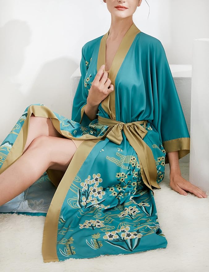 Aensso Long Soft Lightweight Silky Kimonos Robes for Women, Luxury Japanese Floral Womens Kimono Robe