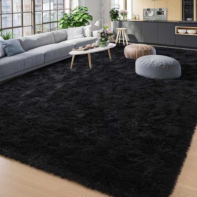 YJ.GWL Area Rugs for Living Room Bedroom, 8x10 Machine Washable Large Black Carpet, Soft Fluffy Shaggy Thick Big Shag Indoor Floor Rug for Kids Boy and Girls Room Dorm Home Decor Aesthetic