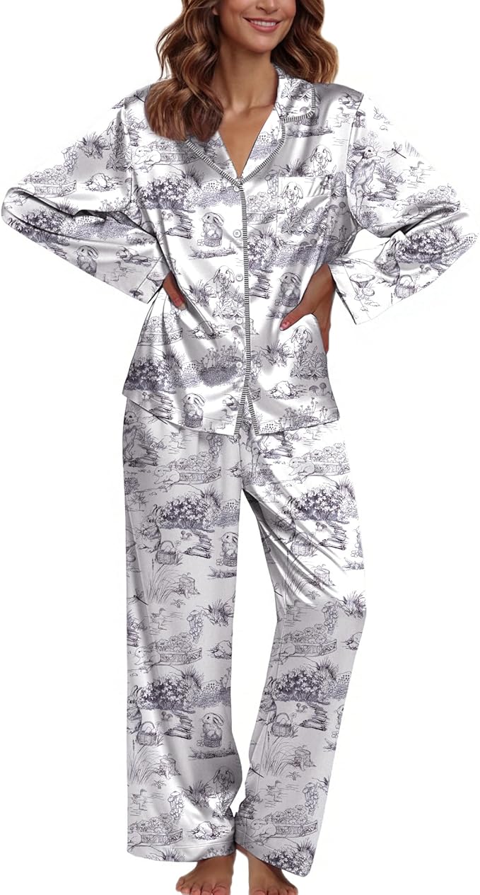 Ekouaer Pajamas For Women Set Silk Pjs 2 Piece Satin Sleepwear Long Sleeve Button Down Lounge Sets With Pant