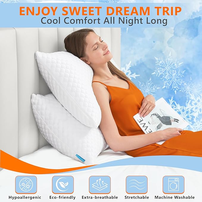 UYWO Cooling Pillows Queen Size Set of 2, Memory Foam Pillows with Zipper, Firm Bed Pillows Adjustable for Hot Side Back Stomach Sleepers