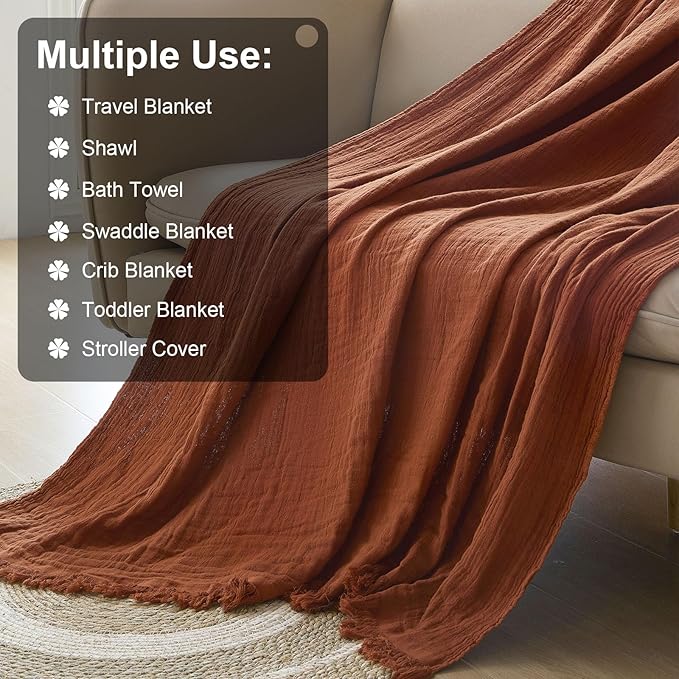 Cotton Muslin Throw Blanket with Tassels, Lightweight Woven Gauze, Pre-Washed Breathable Farmhouse Decor for Bed, Couch, All-Season Use (Rust, 50" x 60")