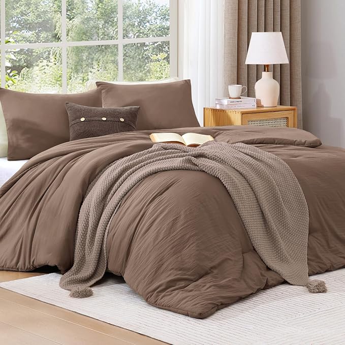WRENSONGE Oversized Queen Comforter Set - 3 Pieces Prewashed Brown Comforter Soft Lightweight for All Seasons,Down Alternative Comforters Oversized Queen Size with 2 Pillow Shams