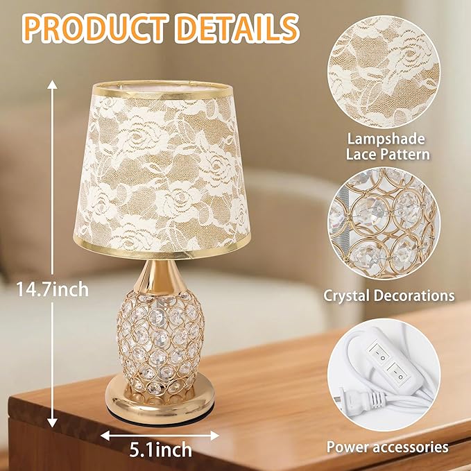 WSYEAR Crystal Table Lamp, Modern Lamp with Rose Flower Shade, LED Night Light with On/Off Switch Crystal Lamp for Living Room, Girl Bedroom, Dresser, Office