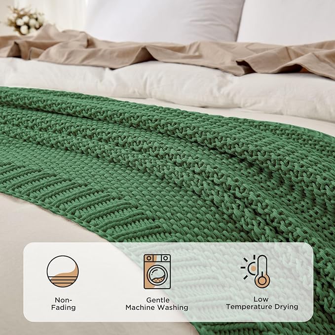 Joydeco Chunky Cable Knit Throw Blanket, Lightweight 100% Cotton Soft Cozy Throw Twin Blanket for Couch Bed and Sofa, Rustic Breathable Farmhouse Blanket Gift for Women Men(Olive Green, 51"x63")
