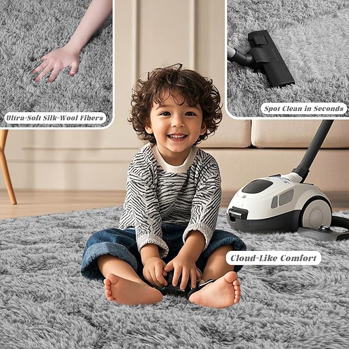 Grey Rugs for Bedroom 5x7 ft - Ultra Soft Faux Fur Area Rug - Plush Non-Slip Shaggy Carpet for Living Room, Cozy Fluffy Rug for Kids Boys Girls Dorm Nursery Room, High Pile Floor Carpet