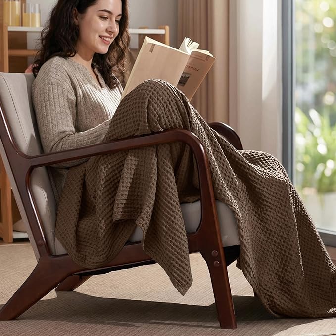 PHF Ultra Soft Waffle Weave Throw Blanket 50"x 60"- Washed Lightweight Breathable Cozy Woven Blanket for Bed - Aesthetic Decor for Couch Bedding Sofa Home Car - Chocolate