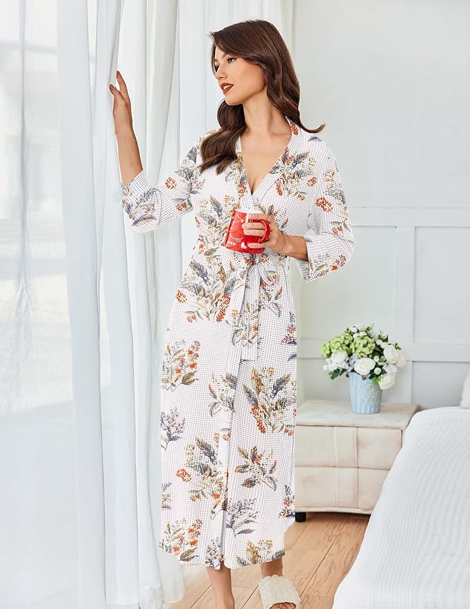 Ekouaer Women's Robe Long Waffle Knit Bathrobe Lightweight Soft Kimono Robes Loungewear S-XXL