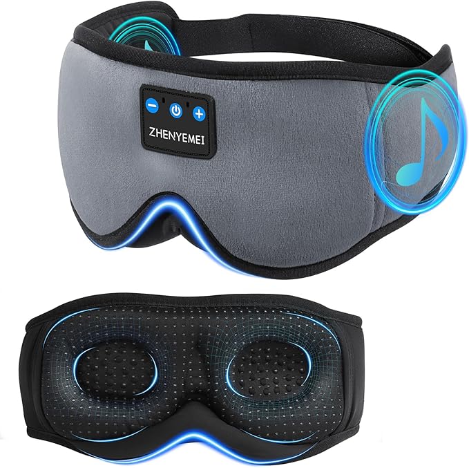 3D Sleep Mask with Bluetooth Headphones, Sleeping Headphones for Side Sleepers, Wireless Music Eye Mask with Ultra-Thin Stereo Speakers for Men, Women, Tech Gifts, Grey