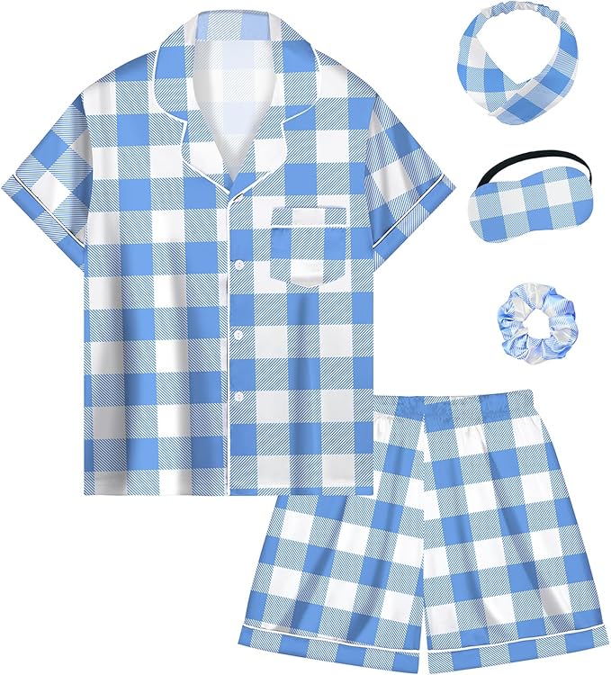 EPLAZA Kids Satin Pajamas Sets Girls Boys Button-Down Silky Pajamas Sleepwear with Hairband Eye Mask Hair Tie