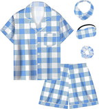 EPLAZA Kids Satin Pajamas Sets Girls Boys Button-Down Silky Pajamas Sleepwear with Hairband Eye Mask Hair Tie
