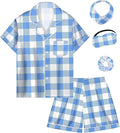 EPLAZA Kids Satin Pajamas Sets Girls Boys Button-Down Silky Pajamas Sleepwear with Hairband Eye Mask Hair Tie