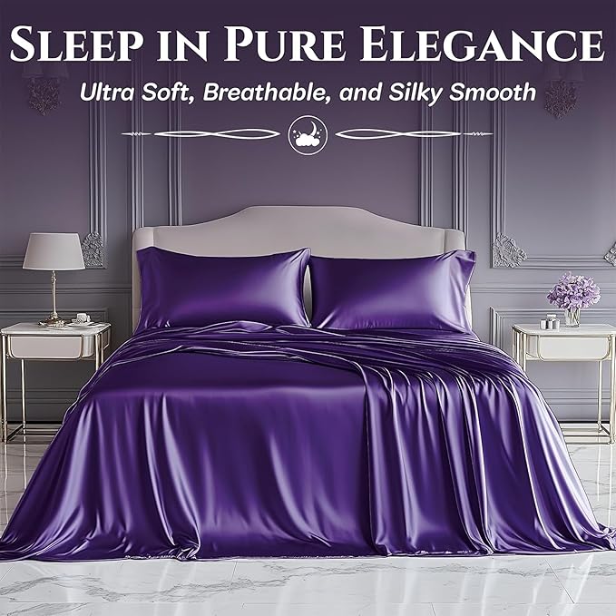 SLEEP SANCTUARY Satin Sheets Twin Size – 3 Piece Luxury Silky Bed Set, Softer Than Silk, 15" Deep Pocket, Cooling & Wrinkle-Free, Moisture-Wicking & Breathable for Hair & Skin (Purple)