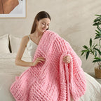 Chunky Knit Blanket Throw 50x60 Inches,Handmade Cable Knit Crochet Blanket,Cozy Lightweight All Season,Wrinkle-Resistant Polyester for Couch Bed Sofa Reading Nook, Beige,Pink