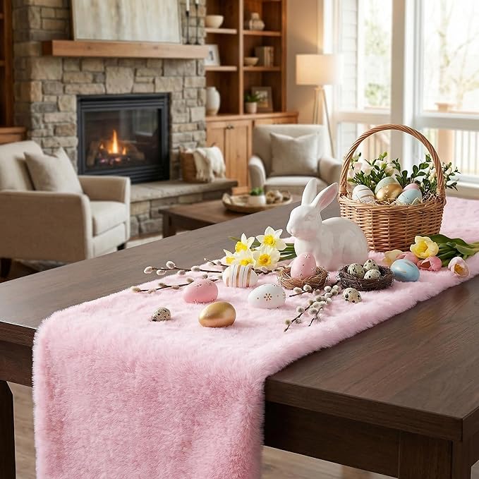 duduta Pink Faux Fur Table Runner 48 inches Long, Fluffy Spring Easter Dresser Runner Coffee Table Runner Girls Room Decor