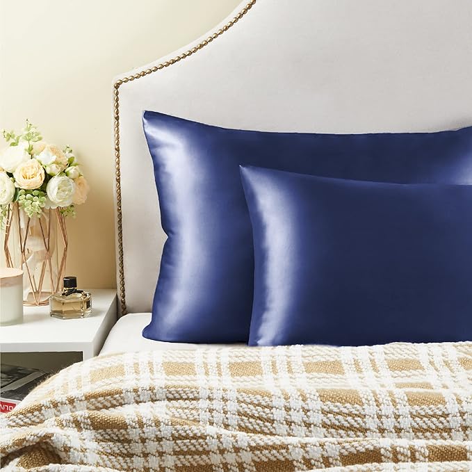 BEDELITE Satin Pillowcase with Zipper, Navy King Size Pillow Cases Set of 2, Super Soft and Cooling Similar to Silk Pillow Cases, Gift for Women Men(20x40 Inches)