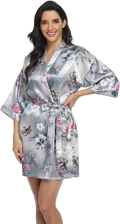Women's Floral Satin Robes Bride Bridesmaid Getting Ready Robe Short Silky Kimono Sleepwear for Wedding Party
