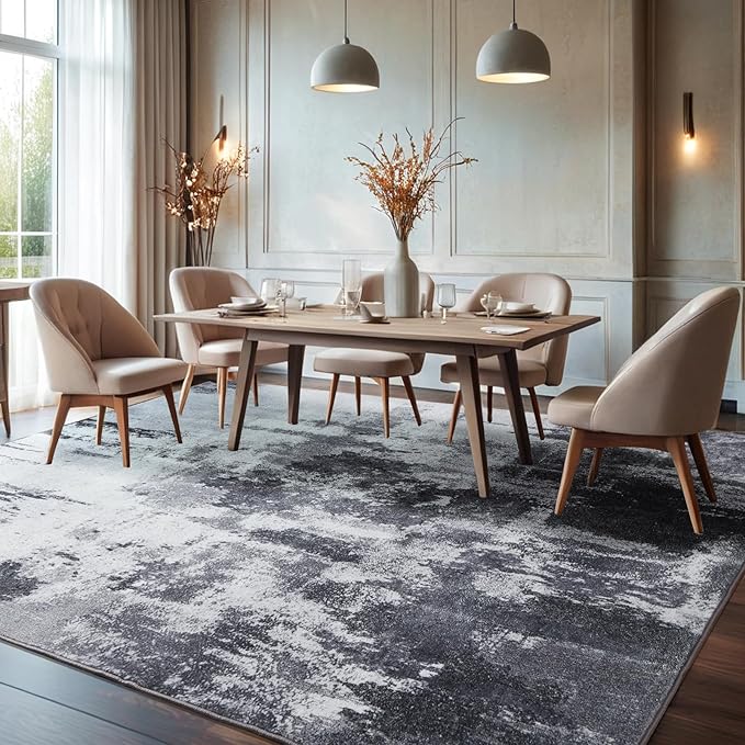 Area Rug 9x12 Washable Rugs Modern Abstract Area Rug Soft Non-Slip Non-Shedding Faux Wool Stain Resistant Floor Carpets for Living Room Bedroom Dining Room Kids Room Home Office (Grey)