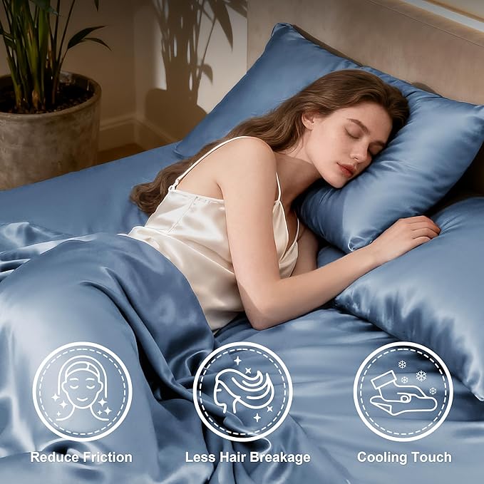 Love's cabin Full Size Satin Sheet Sets - 4 Piece Ash Blue Silky Sheet Set Full with Deep Pocket, Luxury Silk Feel Bed Sheets Full Bedding Set (1 Flat Sheet,1 Fitted Sheet,2 Pillow Cases)