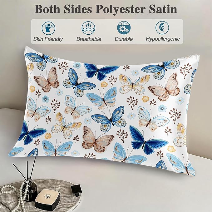 Vintage Blue Brown Butterfly 1 Pack Satin Pillowcase for Hair and Skin Floral 1 Pack Satin Pillowcase with Hidden Zipper Soft Breathable Cooling Pillow Cover Queen Size for Bedroom Sofa 20”x30”