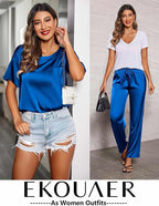 Ekouaer Womens Satin Silky Pajama Set Short Sleeve Shirt with Long Pajama Pant Set Soft PJ Loungewear