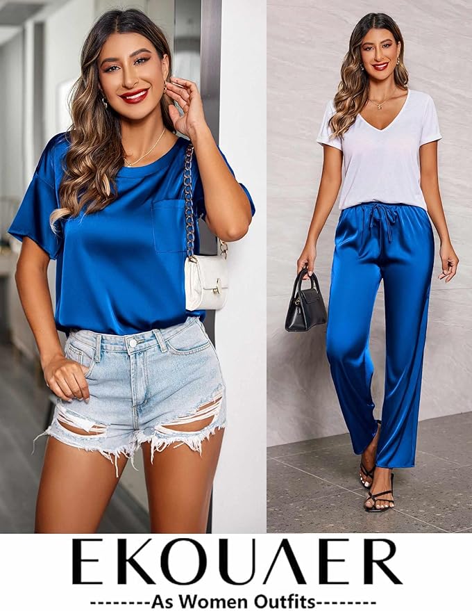 Ekouaer Womens Satin Silky Pajama Set Short Sleeve Shirt with Long Pajama Pant Set Soft PJ Loungewear
