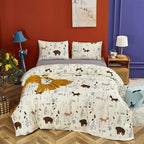 CLOTHKNOW Kids Queen Comforter Set 3Pcs Yellow Animal Bedding Comforter Sets Fox Woodland Forest Comforter with 2 x Pillow Cases