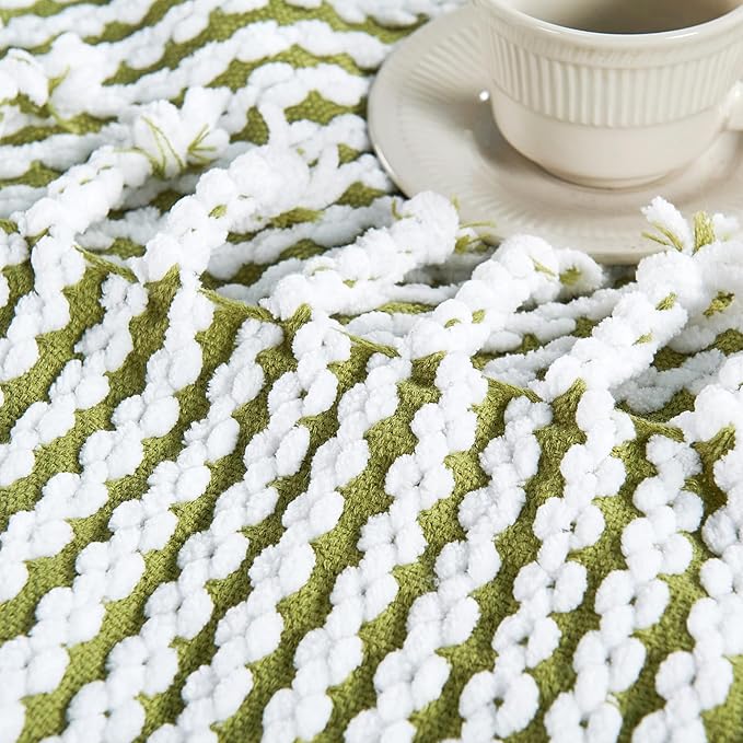 Striped Knit Throw Blanket with Braided Tassels 50" x 60", Hand Knitted Soft Chunky Chain Design Boho Farmhouse Blanket, Two Tone Tassel Decor Throw for Couch Bed Sofa Outdoor, Olive White