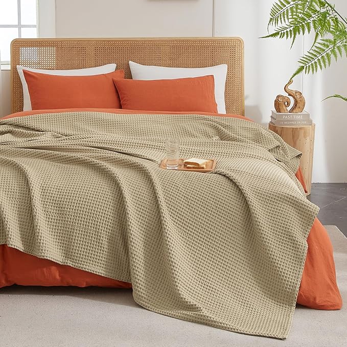 PHF Ultra Soft Waffle Weave Blanket Queen Size 90"x 90"- Washed Lightweight Breathable Cozy Woven Blanket for Bed - Aesthetic Decor for Couch Bedding Sofa Home Car - Khaki