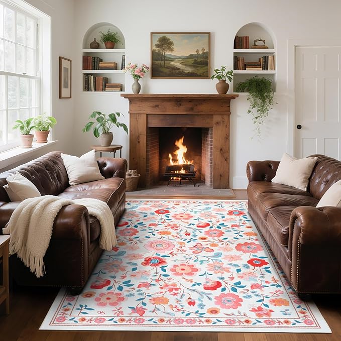 CRYPTOLITE 9x12 Area Rug for Living Room Clearance, Modern Washable Rug Non Slip Low Pile Floral Rugs for Living Room, Bedroom, Farmhouse, Dining Room, Kids Playroom, Beige