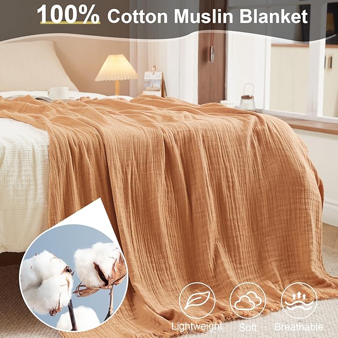 Cotton Muslin Throw Blanket with Tassels, Lightweight Woven Gauze, Pre-Washed Breathable Farmhouse Decor for Bed, Couch, All-Season Use (Tan, 50" x 60")