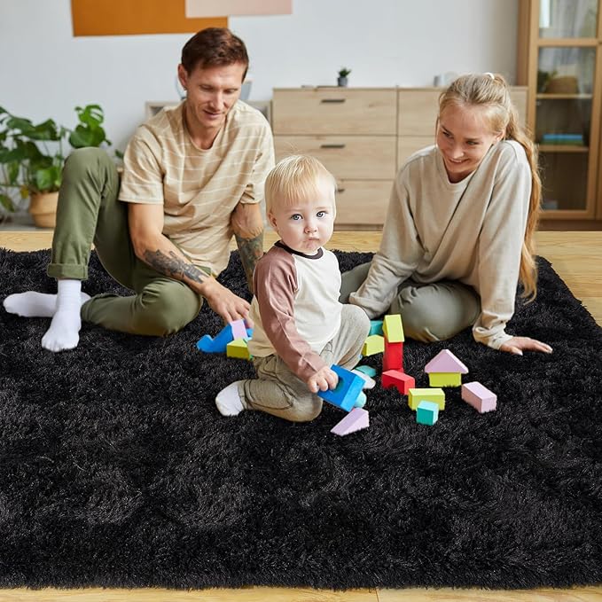 KING DARE 8x10 Area Rugs for Living Room, Soft Plush Fluffy Shaggy Fuzzy Furry Large Black Rug, Anti-Slip Washable Modern Big Floor Carpet for Bedroom Aesthetic Home Decor