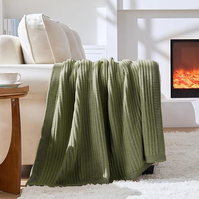Chunky Knit Olive Green Throw Blanket 50"x60",Soft Cozy Thick Knitted Blanket for Couch Sofa Bed, Cute Decorative Throw for Living Room