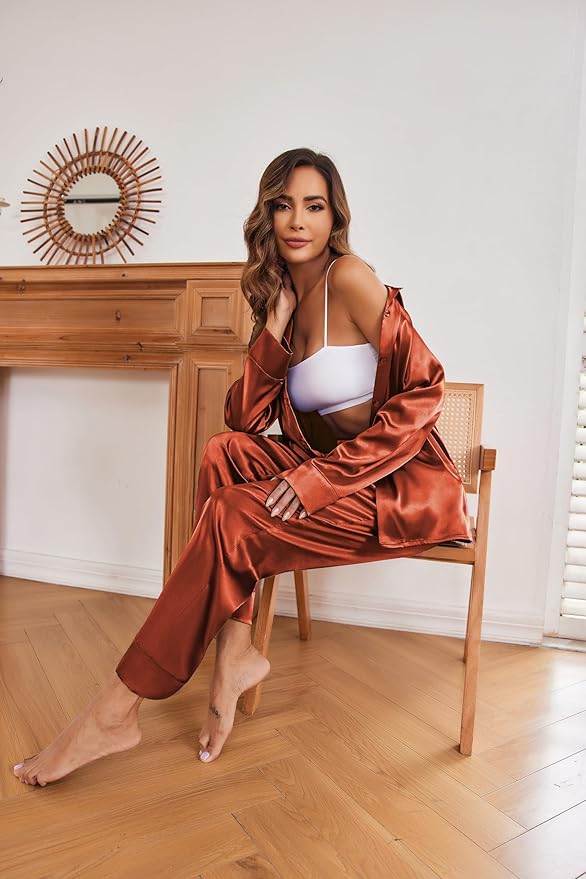 Ekouaer Women Satin Silk Pajamas Classic Long Sleeve Button Down Pjs Set Soft Loungewear