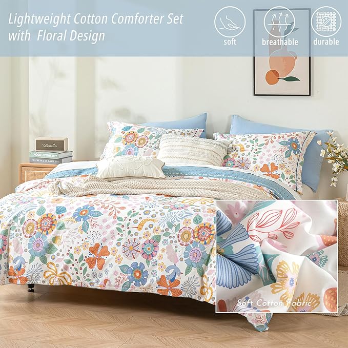 ALEISSEL Blue Floral Cotton Comforter King Size - Vibrant Artistic Blooms & Boho Geometric Patterns, White & Soft Blue, 3PC Lightweight Bedding Sets with Down Alternative Fill(104"×90")