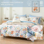 ALEISSEL Blue Floral Cotton Comforter King Size - Vibrant Artistic Blooms & Boho Geometric Patterns, White & Soft Blue, 3PC Lightweight Bedding Sets with Down Alternative Fill(104"×90")