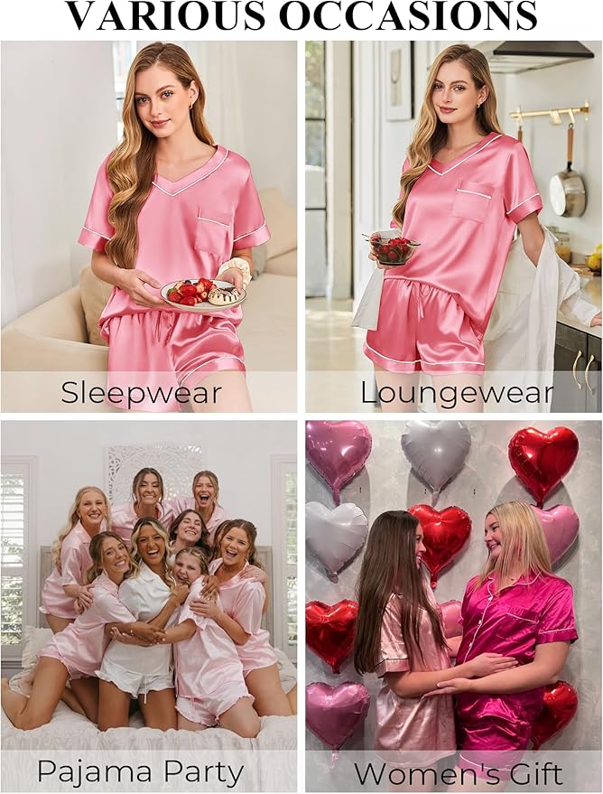 Silk Pajamas for Women Short Sleeve Satin 2 Piece Pj Set Soft V Neck Sleepwear Loungewear, S-XXL