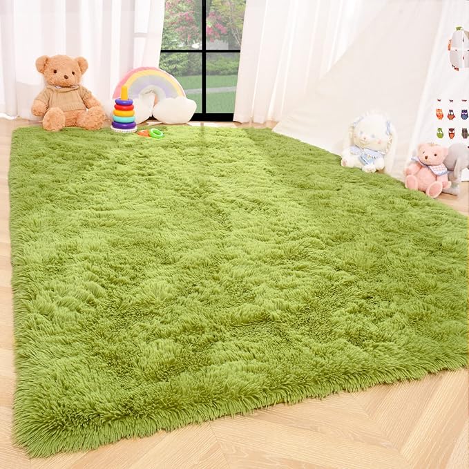 ISEAU 3x5 Area Rug for Living Room, Green Rugs for Bedroom, Kitchen, Soft Shaggy Carpets, Fluffy and Machine Washable Mats, Under Bed, On Nursery Floors Mat, Boys, Girls Room Carpet Decor