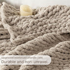 Chunky Knit Blanket Throw, 100% Hand Knit Throw Blanket Handmade Chenille Cable Knit Throw for Couch, Stylish Cozy Soft Rope Knot Crochet Blanket for Home Decor, Beige Linen, 40x50 Inches