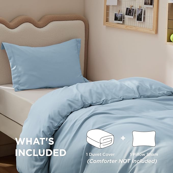 Bedsure Duvet Cover Twin/Twin XL Size - Soft Double Brushed Bedding Set for Kids & Adults, Zipper Closure, 2 Pieces, Includes 1 Duvet Cover (68"x90") & 1 Pillow Sham, NO Comforter, Light Blue